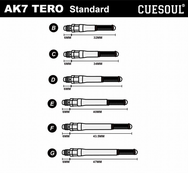 Shafty TERO AK7 CUESOUL do lotek rzutek dart Czarne - B, C, D, E, F, G