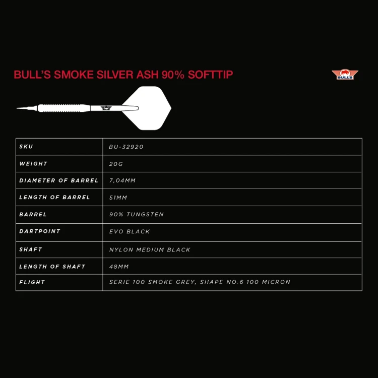 Lotki Rzutki do Darta Bull’s Smoke Silver Ash 90% - 18g Softip
