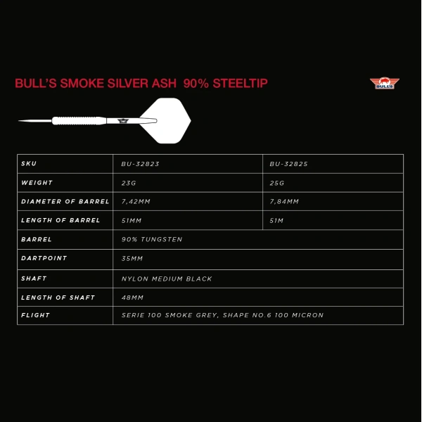 Lotki Rzutki do Darta Bull's Smoke 90% Silver Ash 23g, 25g Steeltip - obrazek 2