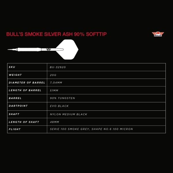 Lotki Rzutki do Darta Bull’s Smoke 90% Silver Ash 20g Softip - obrazek 4