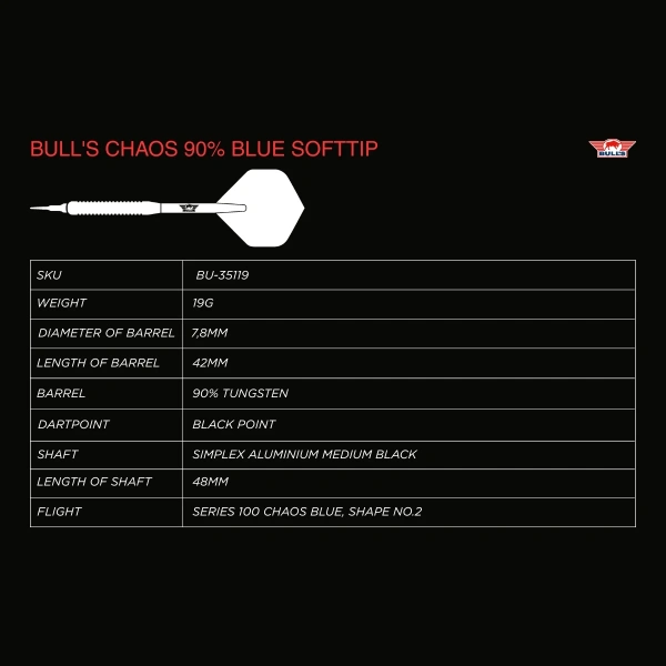 Lotki Rzutki Dart Bull’s Chaos Niebieskie Soft 90% 19g - obrazek 2
