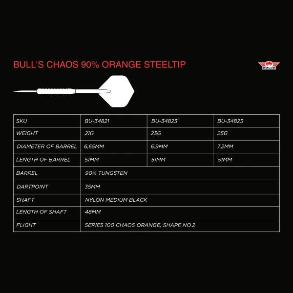Lotki Rzutki Dart Bull's Chaos Pomarańczowe 90% 21g, 23g, 25g - obrazek 4